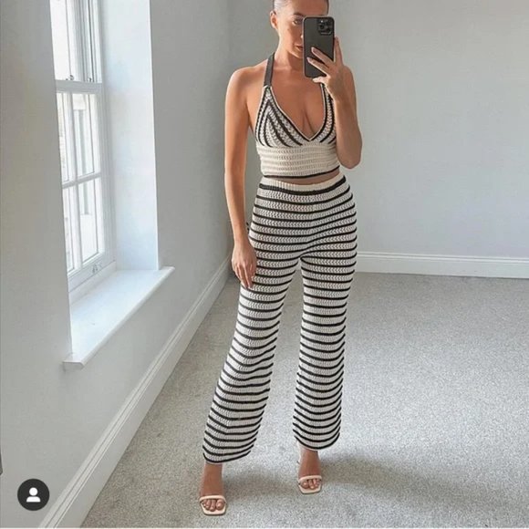 ZARA Openwork High Waist Striped Knit Pants Ecru - Picture 2 of 7